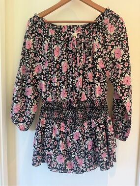 LoveShackFancy Black Floral Off-Shoulder Top with Pink Roses
